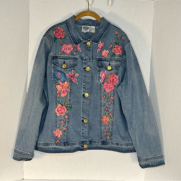 DIANE GILMAN Dg2 Painted On Floral Denim Jacket with Pink Hearts&Flowers L - Picture 2 of 5